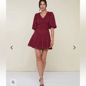 NEW • Rachel Parcell • Women’s V-Neck Puff Sleeve Mini Dress Burgundy Red 14